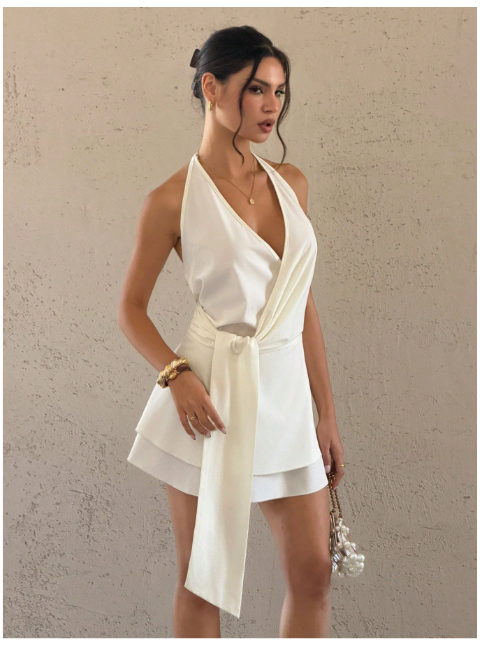 Vestido mini albaricoque halter tira frontal - 6100