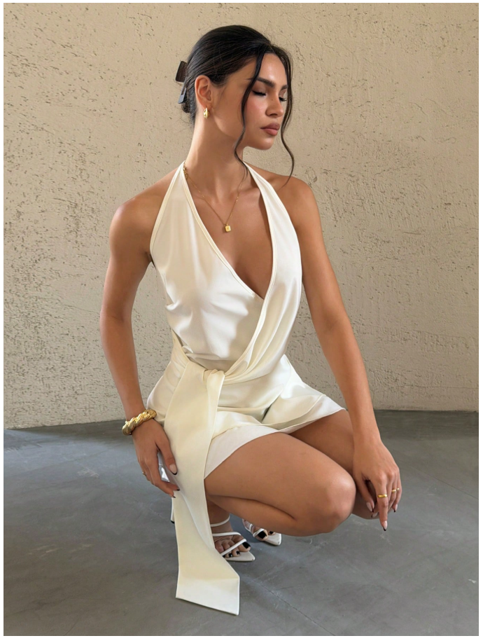 Vestido mini albaricoque halter tira frontal - 6100