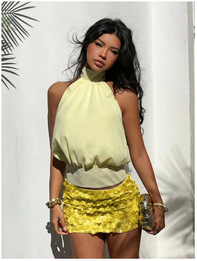 Crop top amarillo halter lazo en espalda - 6102