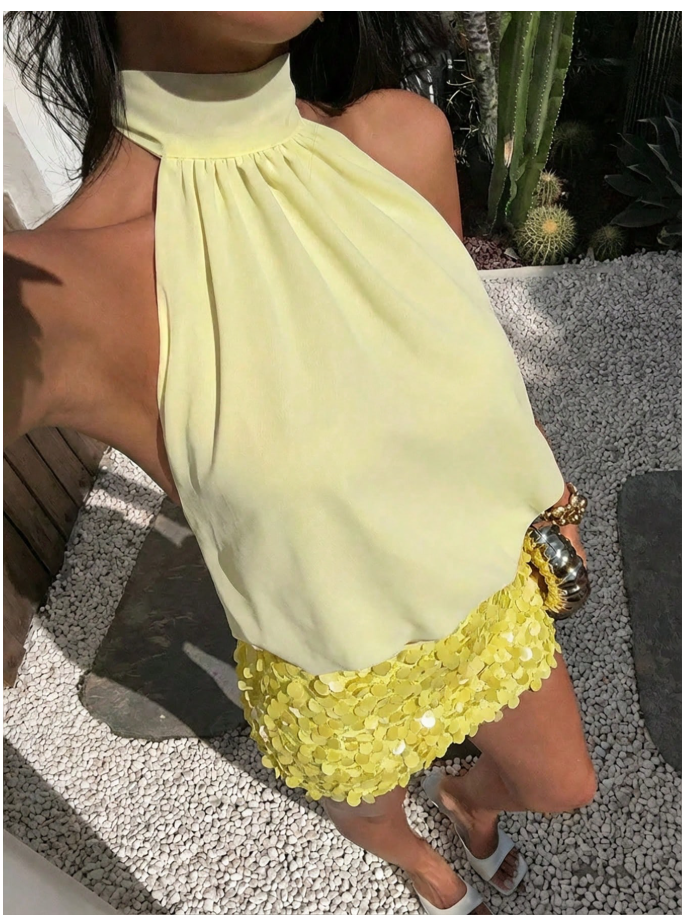 Crop top amarillo halter lazo en espalda - 6102
