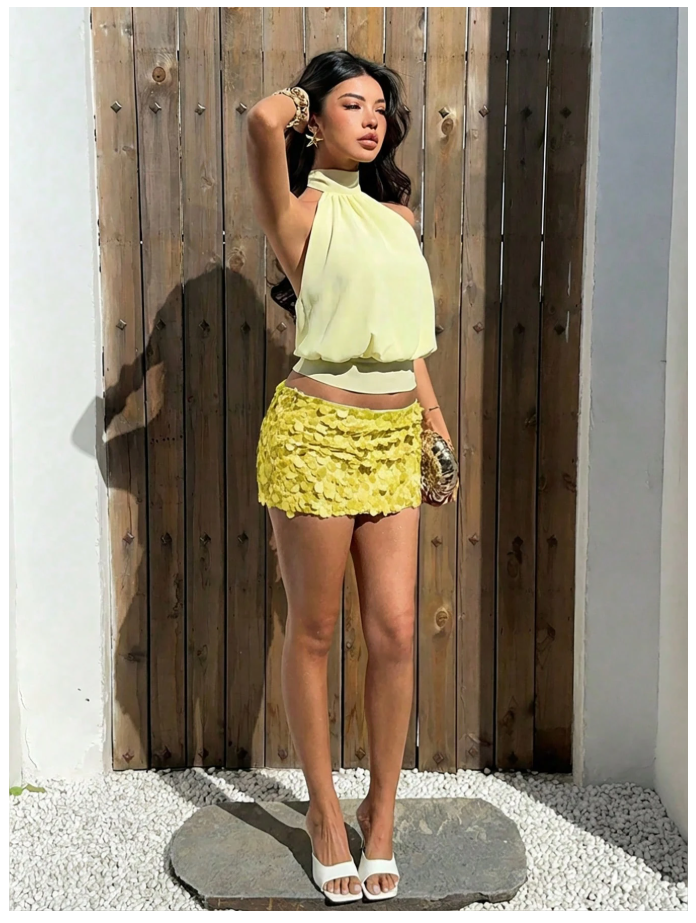 Crop top amarillo halter lazo en espalda - 6102