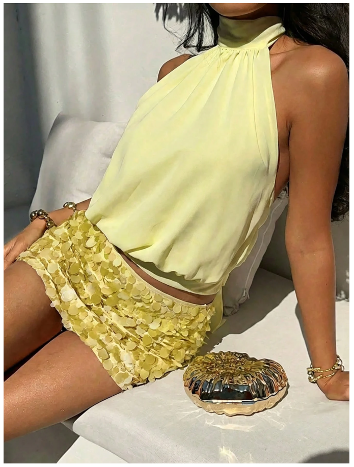 Crop top amarillo halter lazo en espalda - 6102