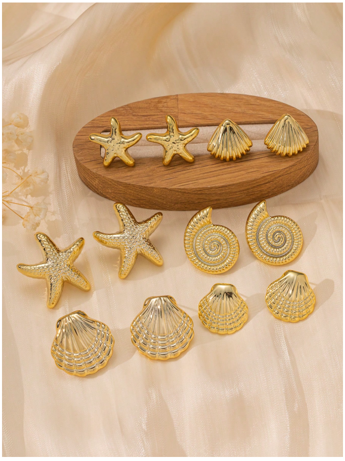 Set de 12 pz de pendientes dorados diseños marinos - 6104