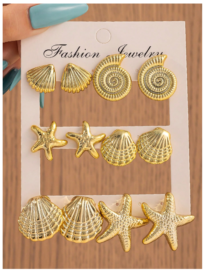 Set de 12 pz de pendientes dorados diseños marinos - 6104