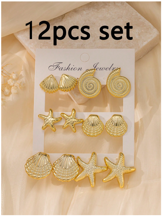 Set de 12 pz de pendientes dorados diseños marinos - 6104