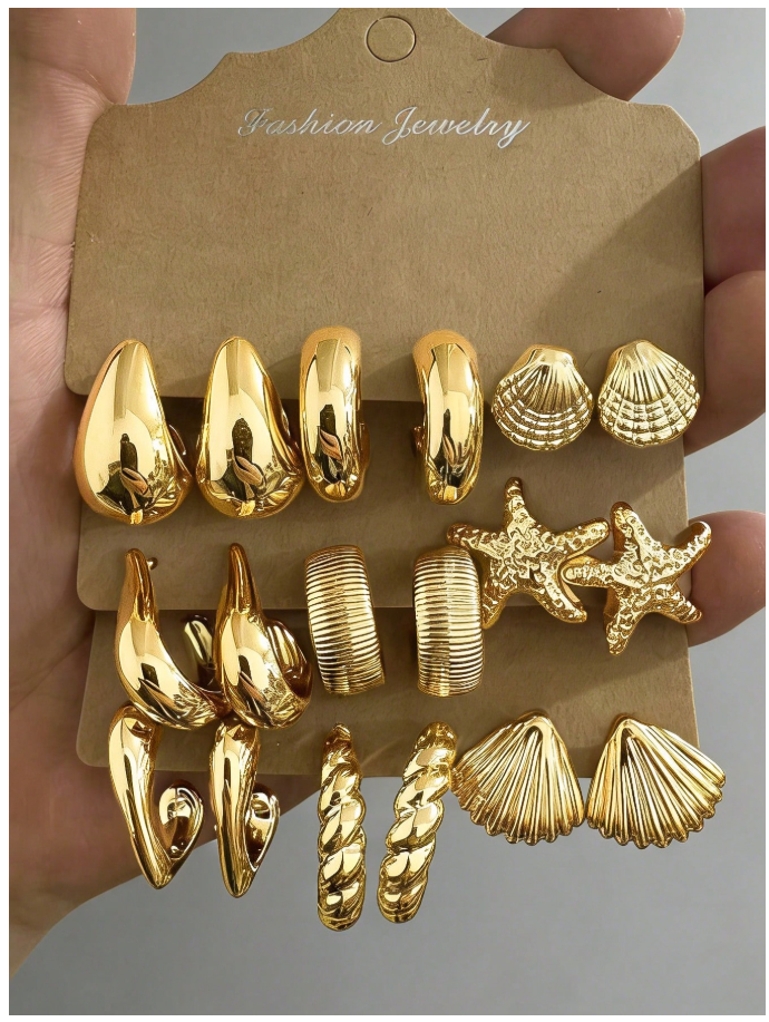Set de 18 pz de pendientes dorados diseños marinos - 6107