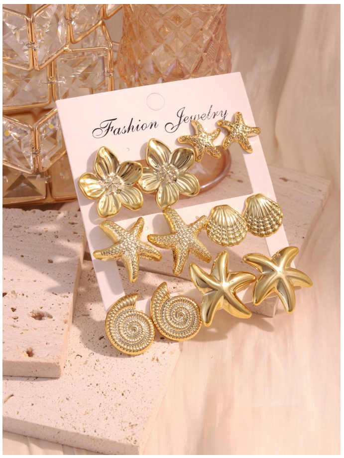 Set de 12 pz de pendientes dorados marinos & flor - 6108