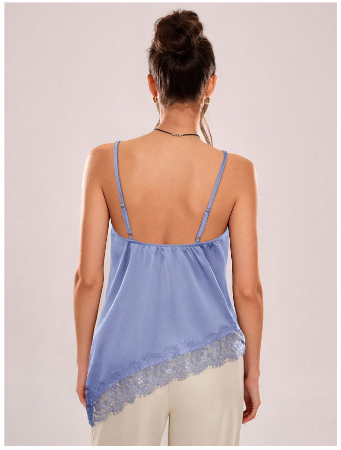 Camisa celeste de saten con encaje corte asimétrico - 6109