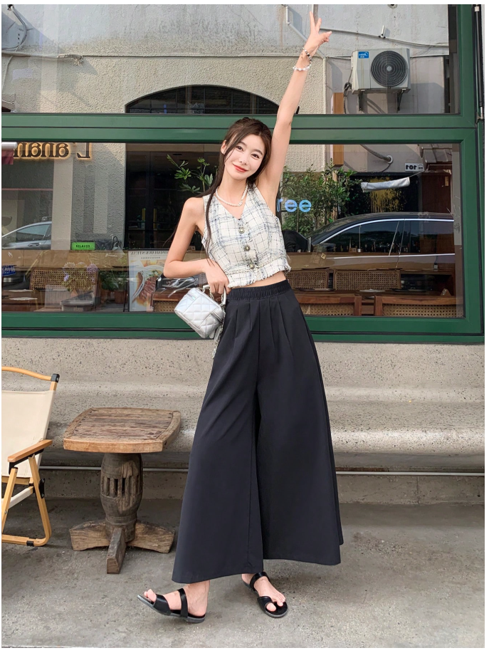 Pantalon negro pierna ancha elástico en cintura bolsillos plisados - 6110