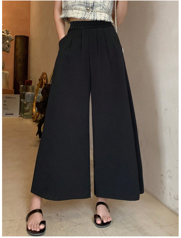 Pantalon negro pierna ancha elástico en cintura bolsillos plisados - 6110