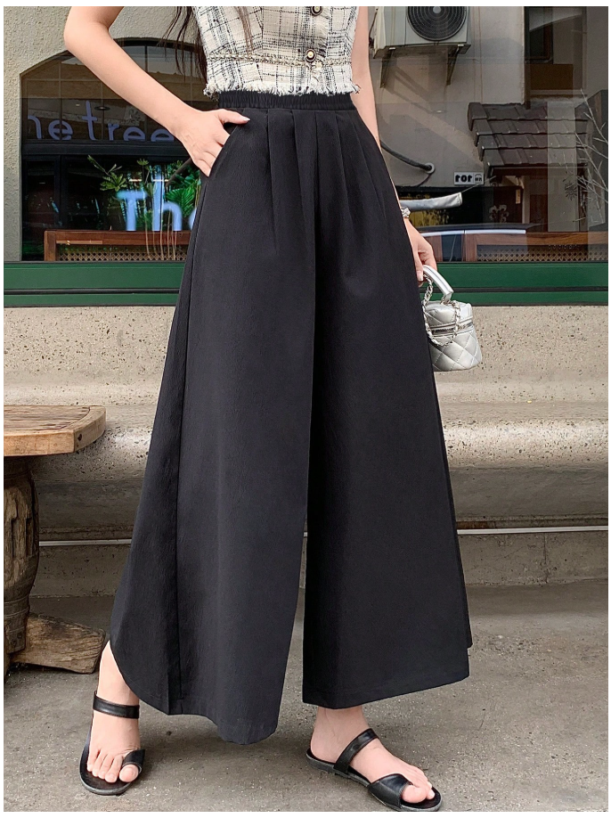 Pantalon negro pierna ancha elástico en cintura bolsillos plisados - 6110