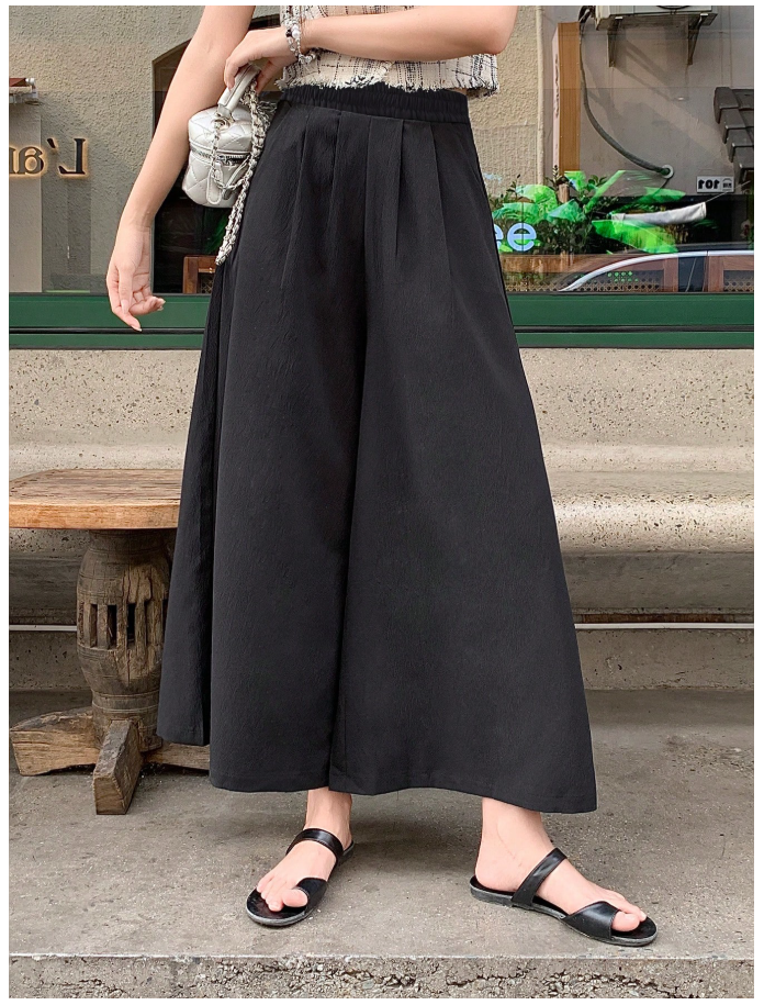 Pantalon negro pierna ancha elástico en cintura bolsillos plisados - 6110