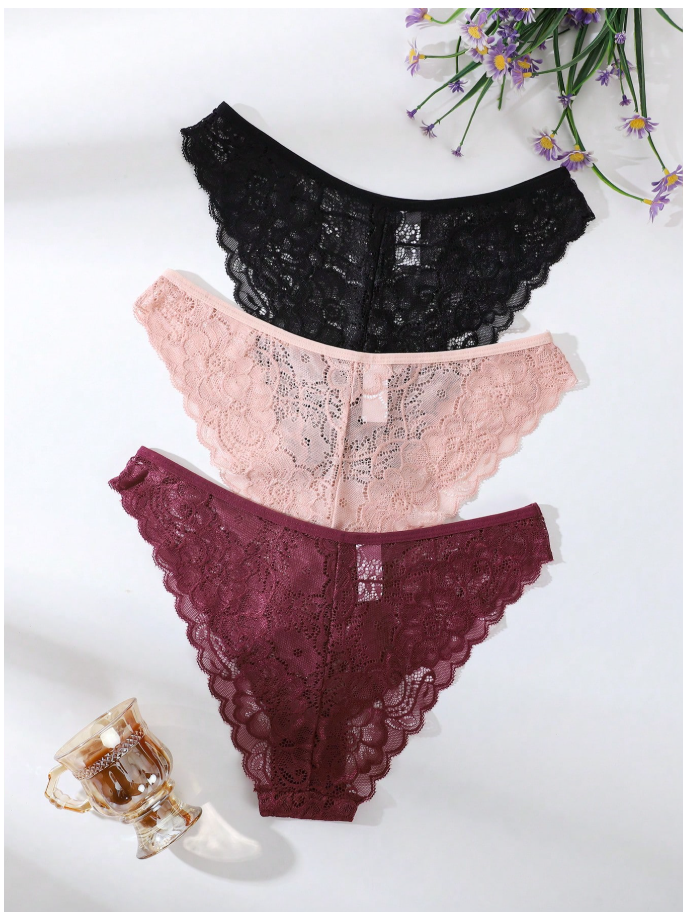 3 pack panty con encaje negro rosa & rojo - 6116
