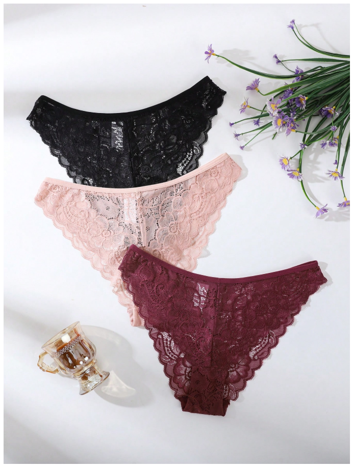 3 pack panty con encaje negro rosa & rojo - 6116