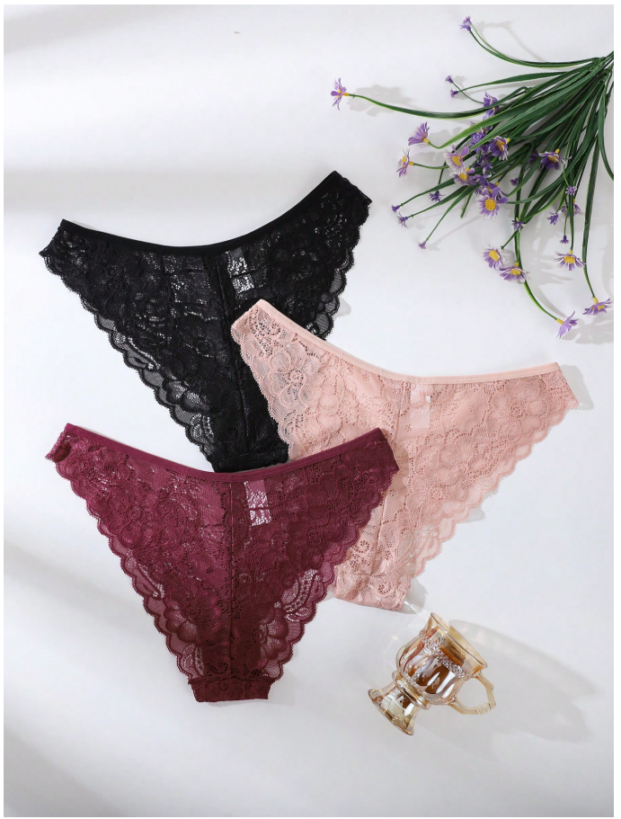 3 pack panty con encaje negro rosa & rojo - 6116
