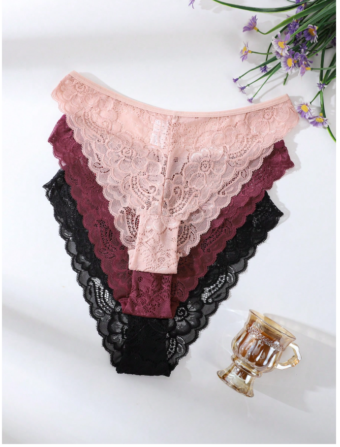 3 pack panty con encaje negro rosa & rojo - 6116