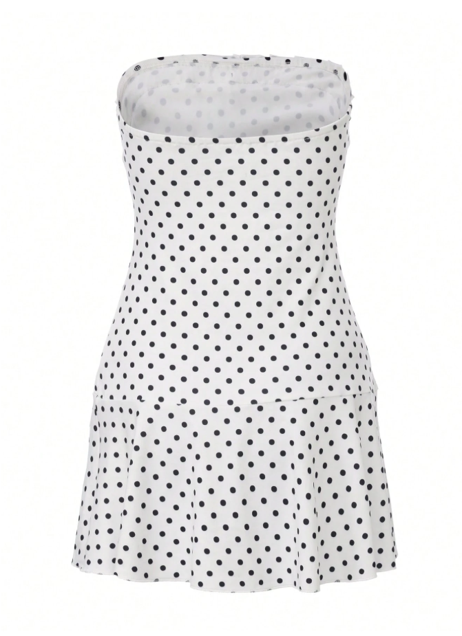 Vestido blanco lunares negros con encaje & lazo - 6119