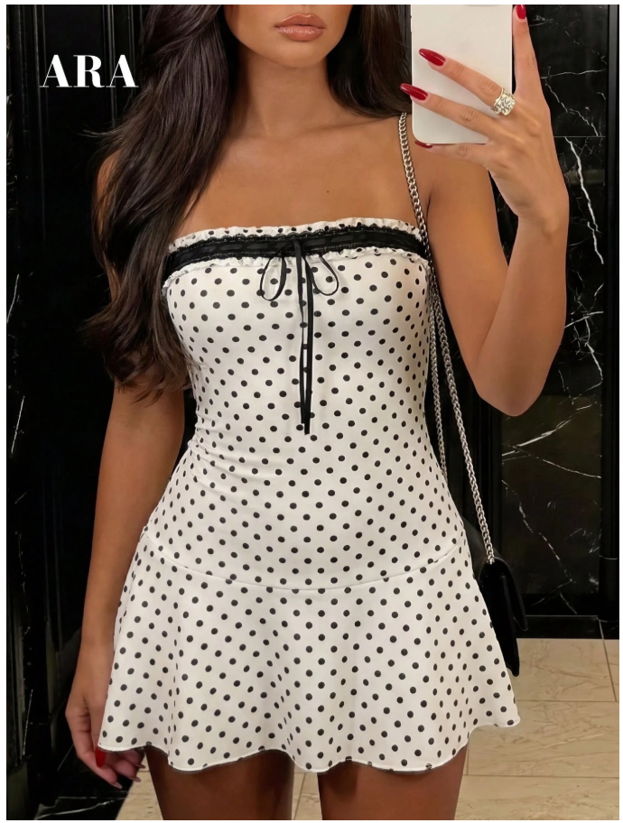 Vestido blanco lunares negros con encaje & lazo - 6119