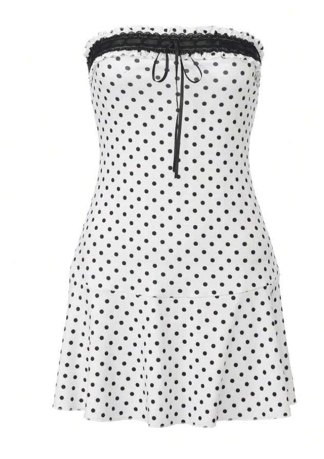 Vestido blanco lunares negros con encaje & lazo - 6119