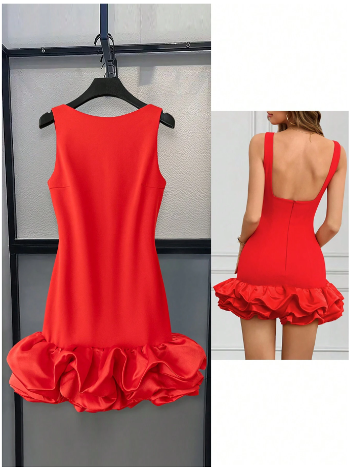 Vestido rojo sin manga dobladillo de burbujas - 6121