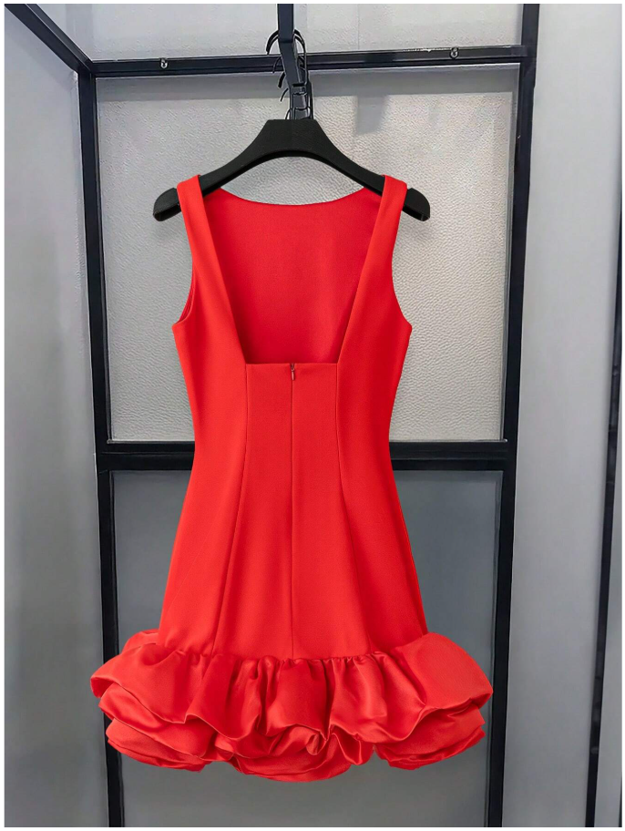 Vestido rojo sin manga dobladillo de burbujas - 6121