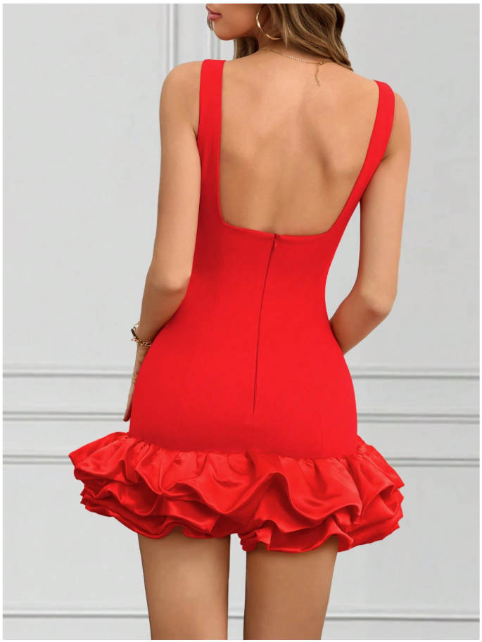 Vestido rojo sin manga dobladillo de burbujas - 6121