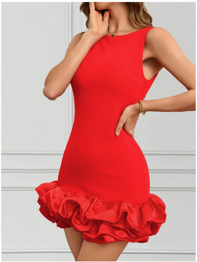 Vestido rojo sin manga dobladillo de burbujas - 6121
