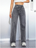 Pantalon jeans gris corte recto cintura asimétrica - 6122