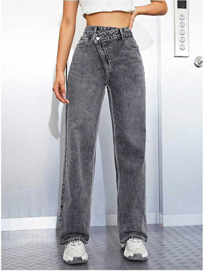Pantalon jeans gris corte recto cintura asimétrica - 6122