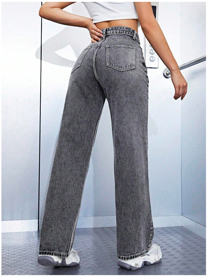 Pantalon jeans gris corte recto cintura asimétrica - 6122