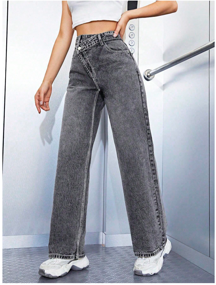 Pantalon jeans gris corte recto cintura asimétrica - 6122