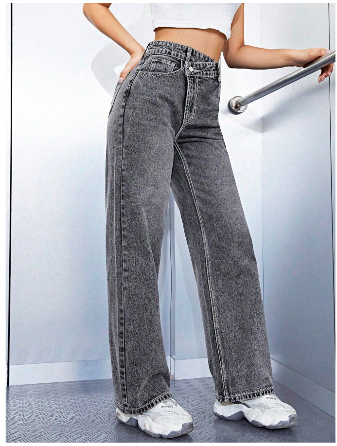 Pantalon jeans gris corte recto cintura asimétrica - 6122