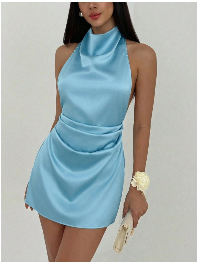 Vestido mini celeste de saten cuello alto & lazo - 6123