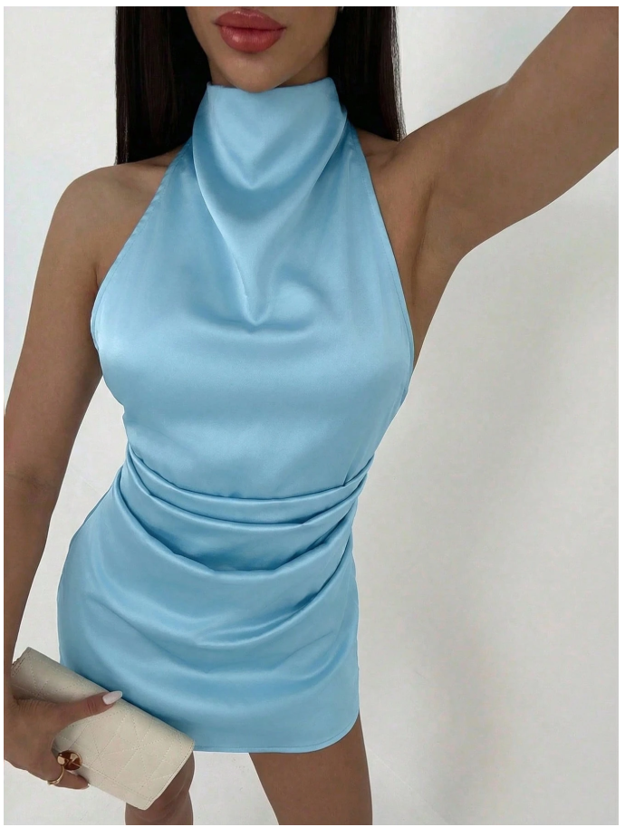 Vestido mini celeste de saten cuello alto & lazo - 6123