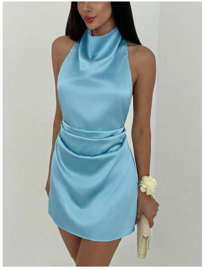 Vestido mini celeste de saten cuello alto & lazo - 6123