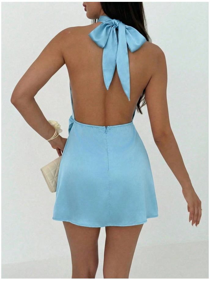 Vestido mini celeste de saten cuello alto & lazo - 6123