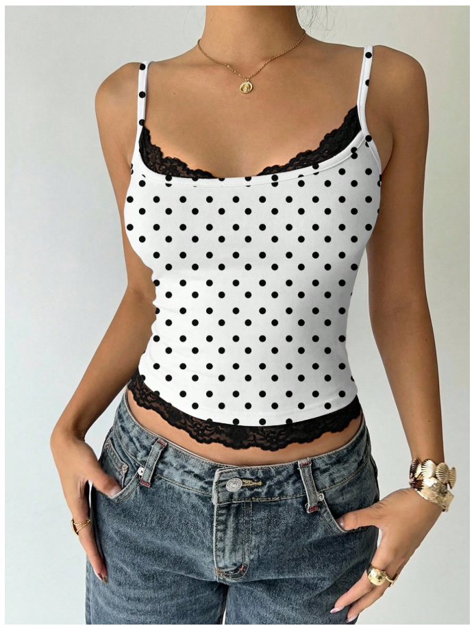 Crop top blanco lunares negros de tirantes & encaje - 6127