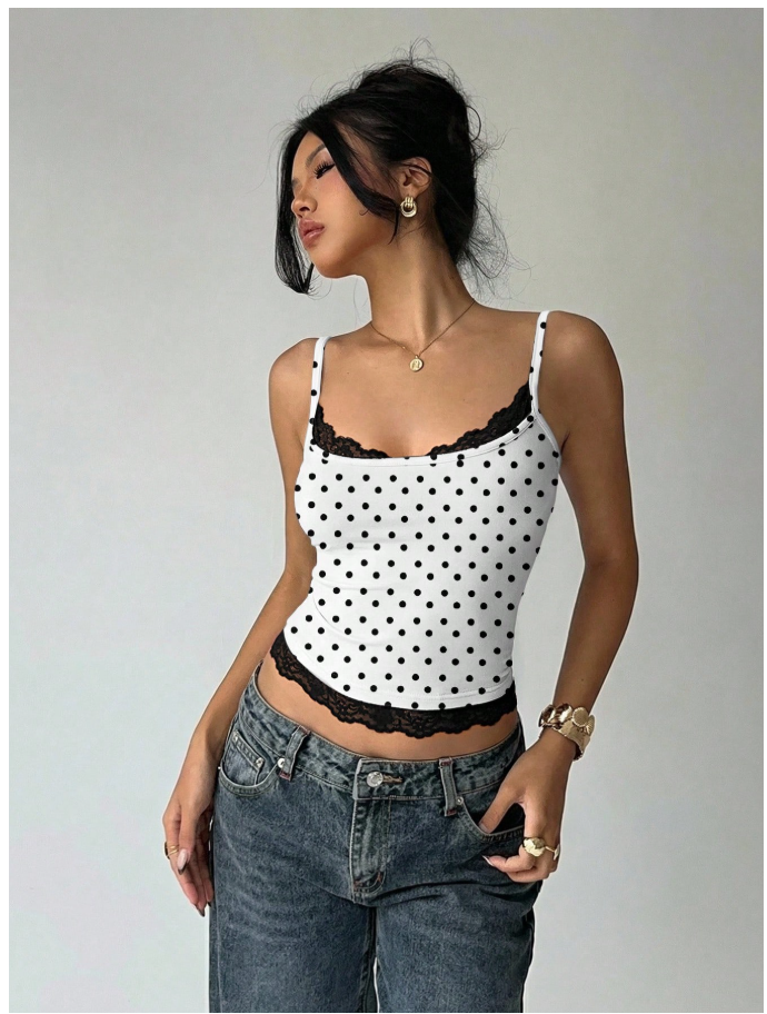Crop top blanco lunares negros de tirantes & encaje - 6127