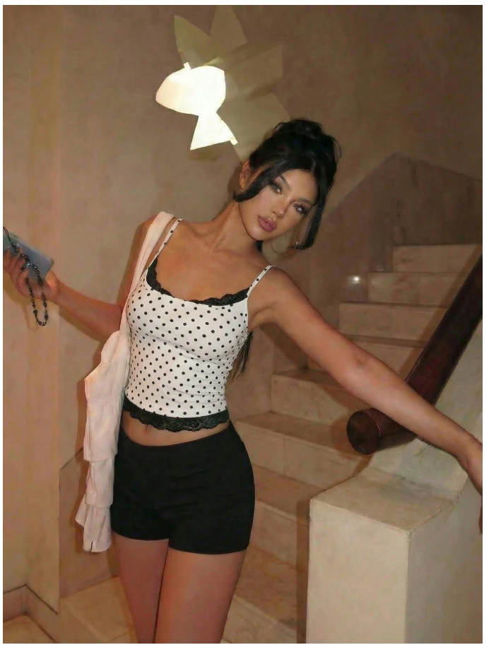 Crop top blanco lunares negros de tirantes & encaje - 6127