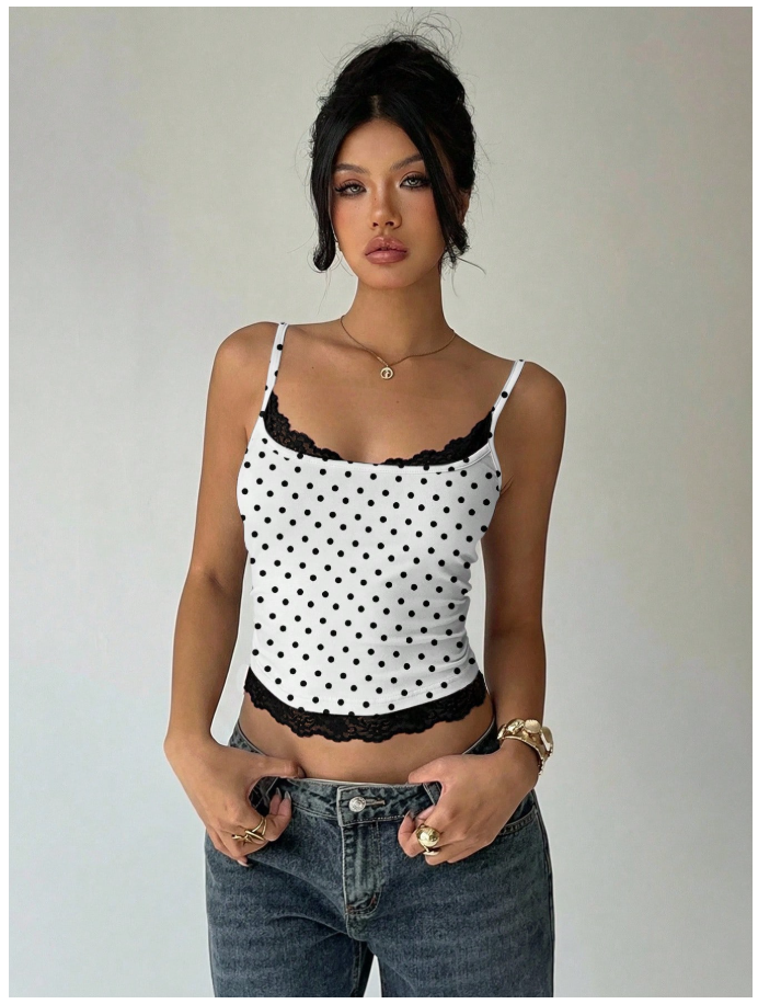 Crop top blanco lunares negros de tirantes & encaje - 6127