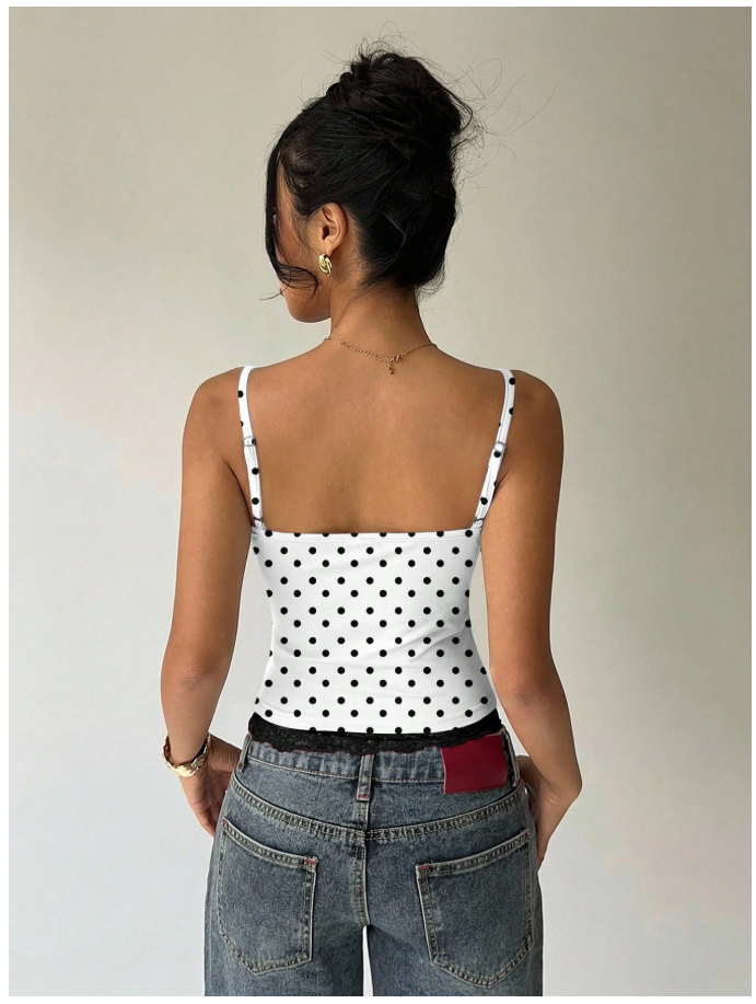 Crop top blanco lunares negros de tirantes & encaje - 6127