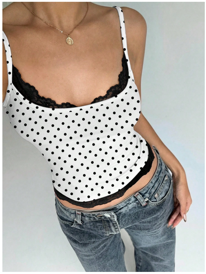 Crop top blanco lunares negros de tirantes & encaje - 6127