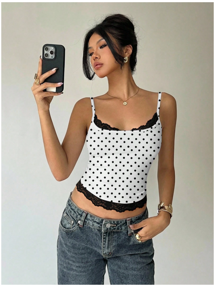 Crop top blanco lunares negros de tirantes & encaje - 6127