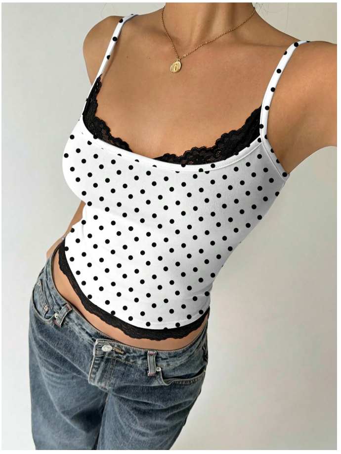 Crop top blanco lunares negros de tirantes & encaje - 6127