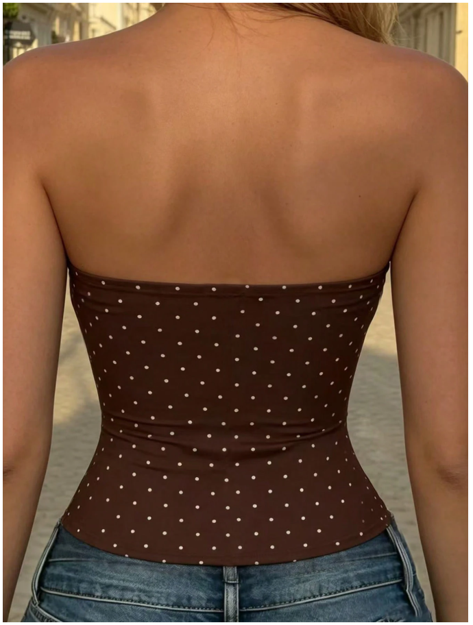 Crop top marrón lunares blancos sin tirantes - 6128