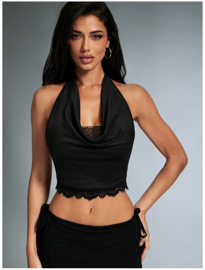 Crop top negro con encaje halter espalda descubierta - 6130