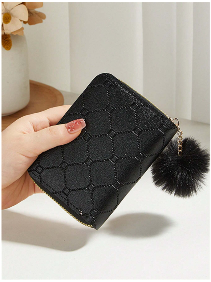 Billetera mini negra de zipper con pompom - 6136