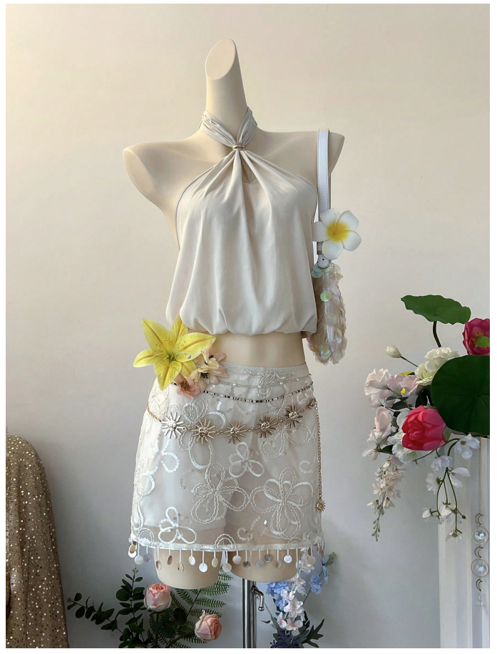 Crop top albaricoque halter espalda descubierta - 6140