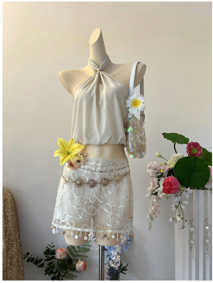 Crop top albaricoque halter espalda descubierta - 6140