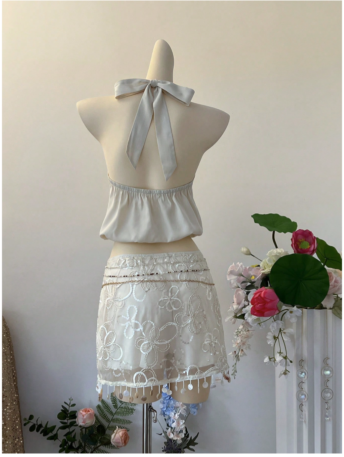 Crop top albaricoque halter espalda descubierta - 6140